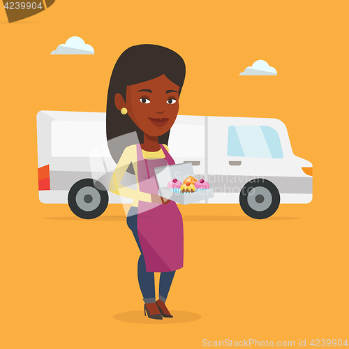 Image of Baker delivering cakes vector illustration.