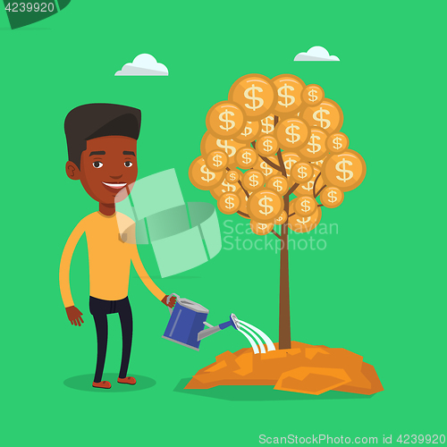 Image of Man watering financial tree vector illustration.