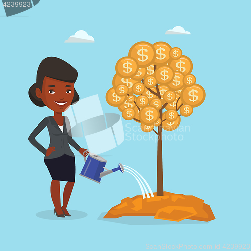 Image of Business woman watering financial tree.