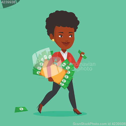 Image of Business woman with briefcase full of money.