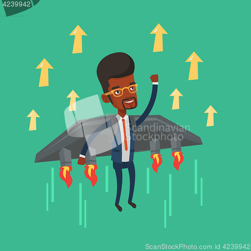 Image of Happy businessman flying on the rocket to success.