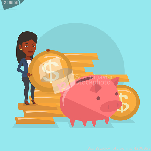 Image of Business woman putting coin in piggy bank.