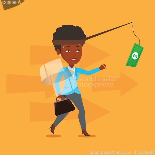 Image of Businesswoman trying to catch money on fishing rod