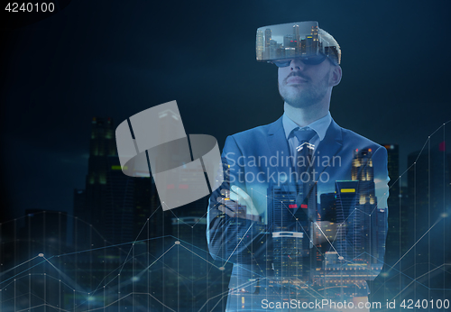 Image of businessman in virtual reality headset over city