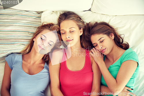 Image of happy young women sleeping in bed at home