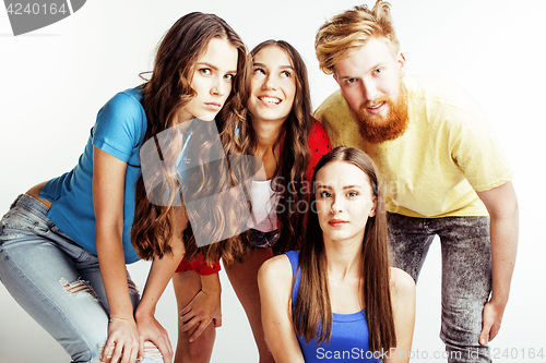 Image of company of hipster guys, bearded red hair boy and girls students having fun together friends, diverse fashion style, lifestyle people concept isolated on white background