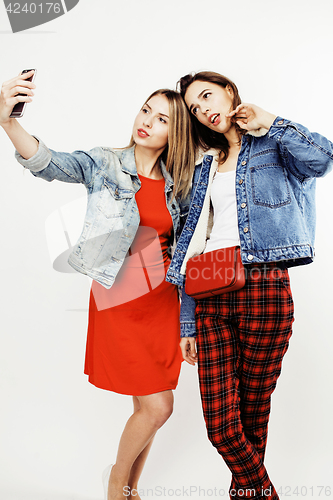 Image of best friends teenage girls together having fun, posing emotional on white background, besties happy smiling, lifestyle people concept