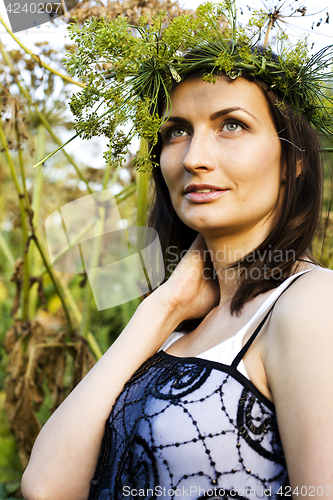 Image of young pretty blonde girl enjoing spring nature in park, lifestyl