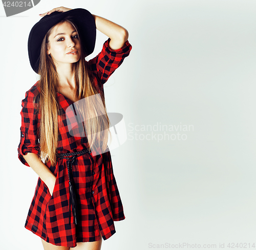 Image of young pretty brunette girl hipster in hat on white background casual close up dreaming smiling, lifestyle people concept
