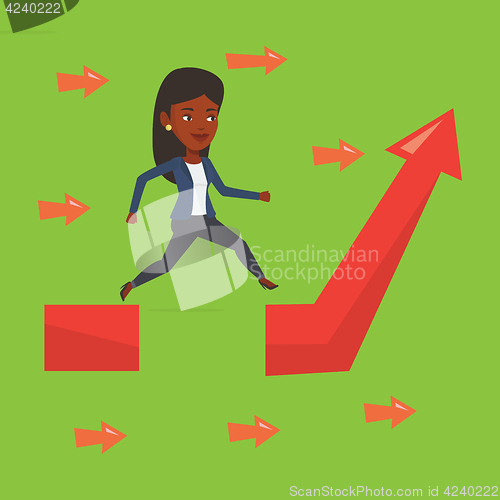 Image of Business woman jumping over gap on arrow going up.