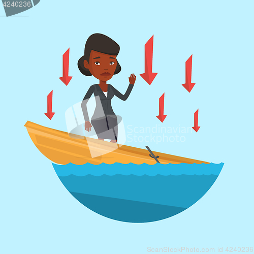 Image of Business woman standing in sinking boat.