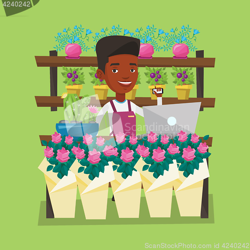 Image of Florist at flower shop vector illustration.