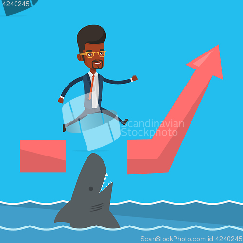 Image of Businessman jumping over ocean with shark.