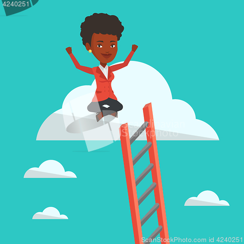 Image of Happy business woman sitting on the cloud.