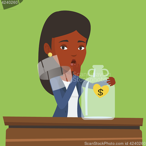 Image of Bankrupt business woman looking at empty money box