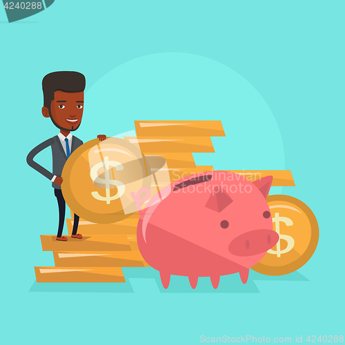 Image of Man putting coin in piggy bank vector illustration