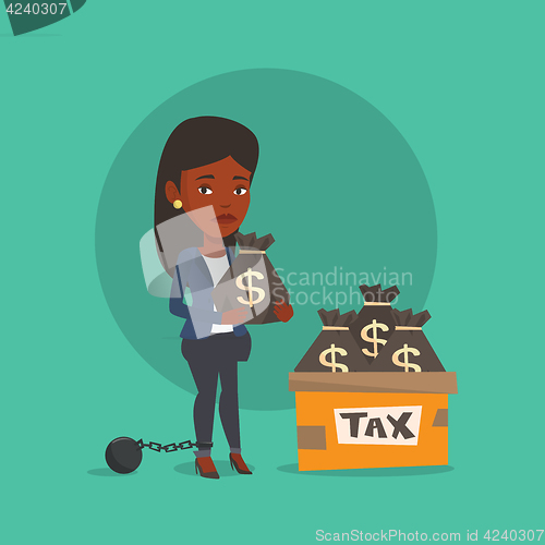 Image of Chained woman with bags full of taxes.