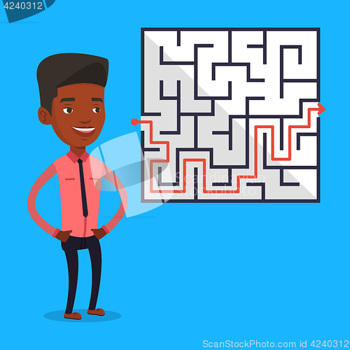 Image of Businessman looking at the labyrinth with solution