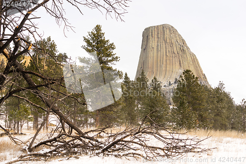 Image of Devils Tower Wyoming Winter Snow Rock Butte