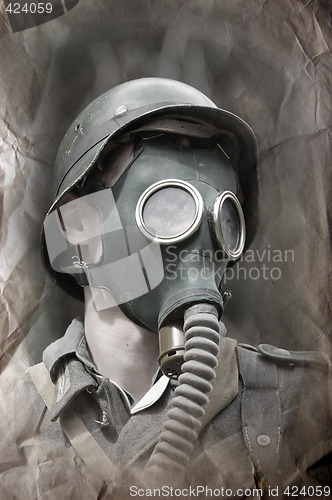 Image of German soldier in gas mask. WW2 reenacting