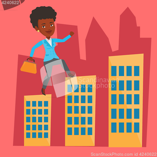 Image of Business woman walking on the roofs of buildings.