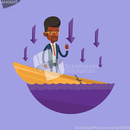 Image of Businessman standing in sinking boat.