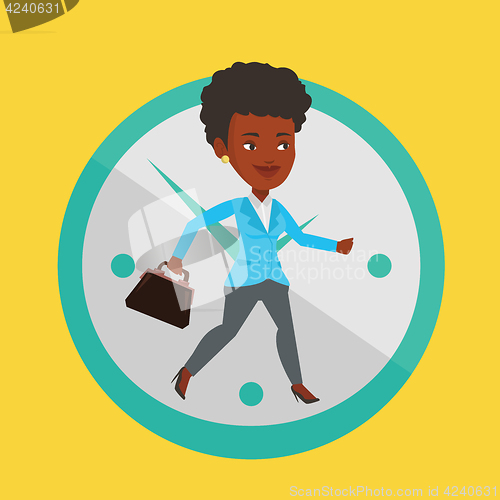 Image of Business woman running on clock background.