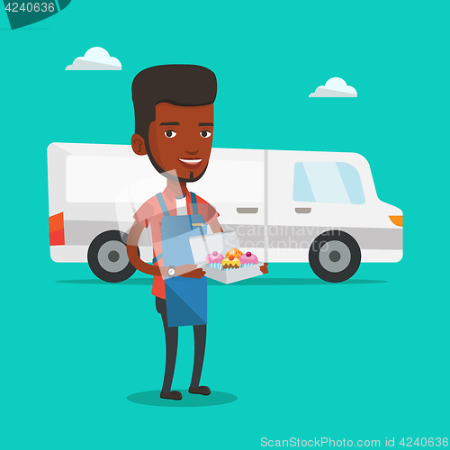 Image of Baker delivering cakes vector illustration.