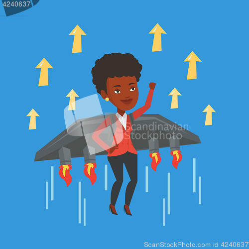 Image of Happy business woman flying on rocket to success.