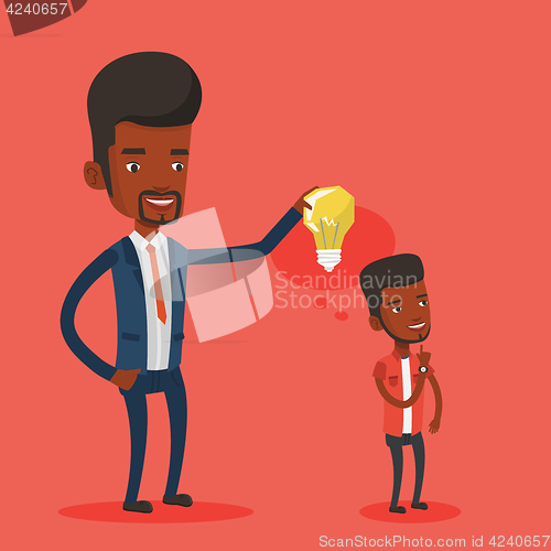 Image of Businessman giving idea light bulb to his partner.