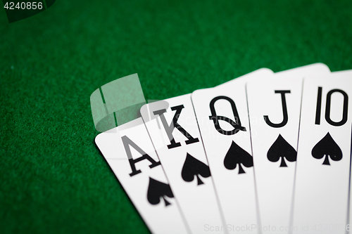 Image of poker hand of playing cards on green casino cloth