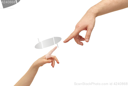 Image of happy father and child hands pointing fingers