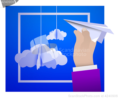 Image of Male hand holding a paper plane against the sky with paper clouds in the style of origami