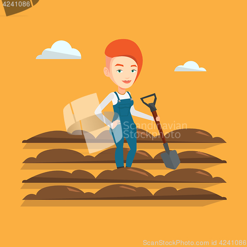 Image of Farmer with shovel at field vector illustration.