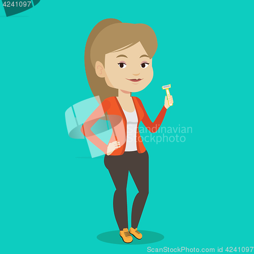 Image of Woman holding razor in hand vector illustration.