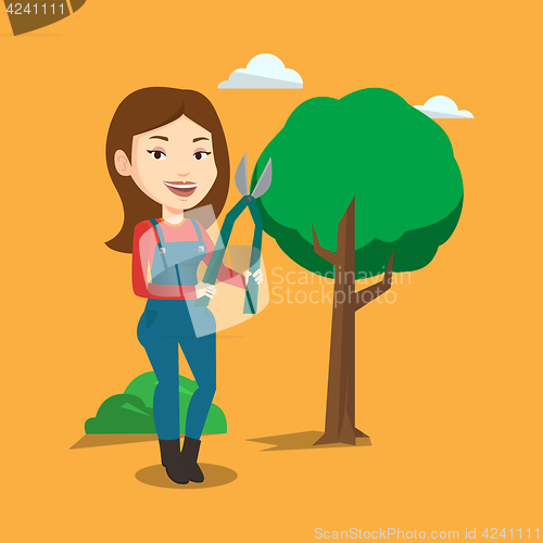 Image of Farmer with pruner in garden vector illustration.