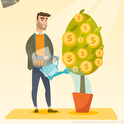 Image of Man watering financial tree vector illustration.