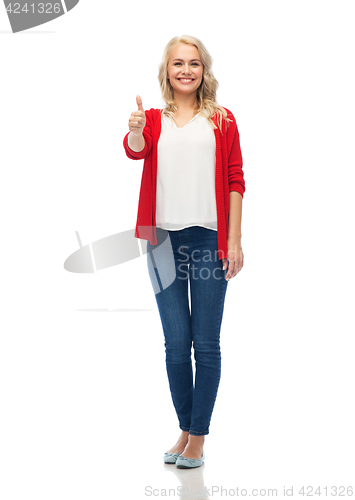 Image of happy smiling young woman showing thumbs up