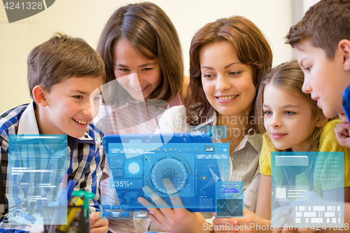 Image of group of kids with teacher and tablet pc at school