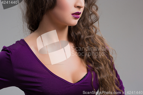 Image of Seductive decollete concept. Profile portrait of beautiful young woman. Perfect natural make-up.