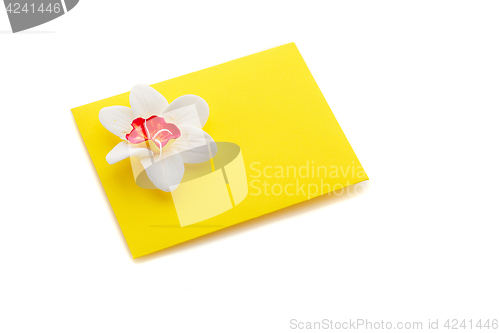 Image of Close up of yellow envelope with flower