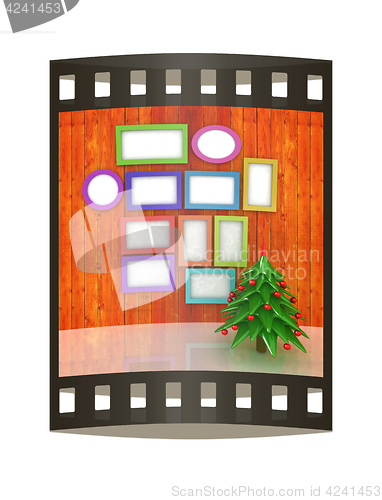 Image of Mock up poster on the wood wall with christmas tree and decorati