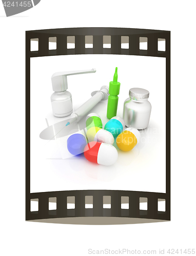 Image of Syringe, tablet, pill jar. 3D illustration. The film strip