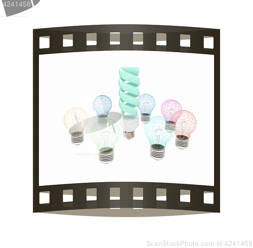 Image of energy-saving lamps. 3D illustration. The film strip