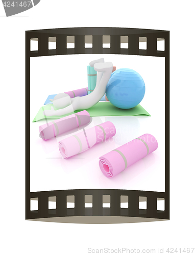 Image of 3d man on a karemat with fitness ball. 3D illustration. The film