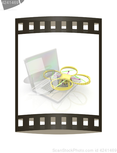 Image of Drone and laptop. 3D render. The film strip