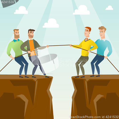 Image of Two groups of business people pulling rope.