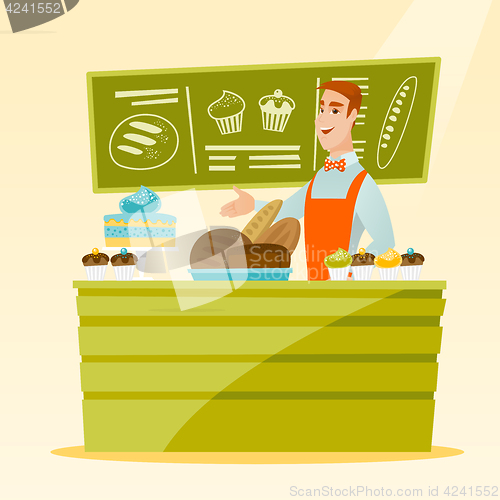 Image of Worker standing behind the counter at the bakery.