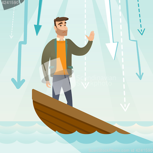 Image of Business woman standing in sinking boat.