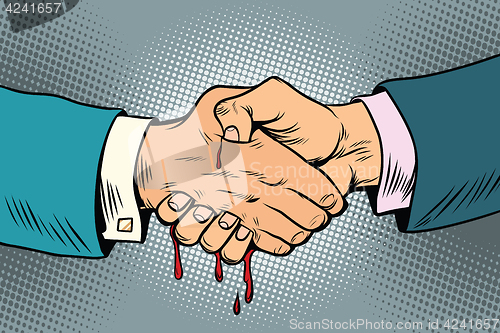 Image of bloody handshake, underhanded business transaction